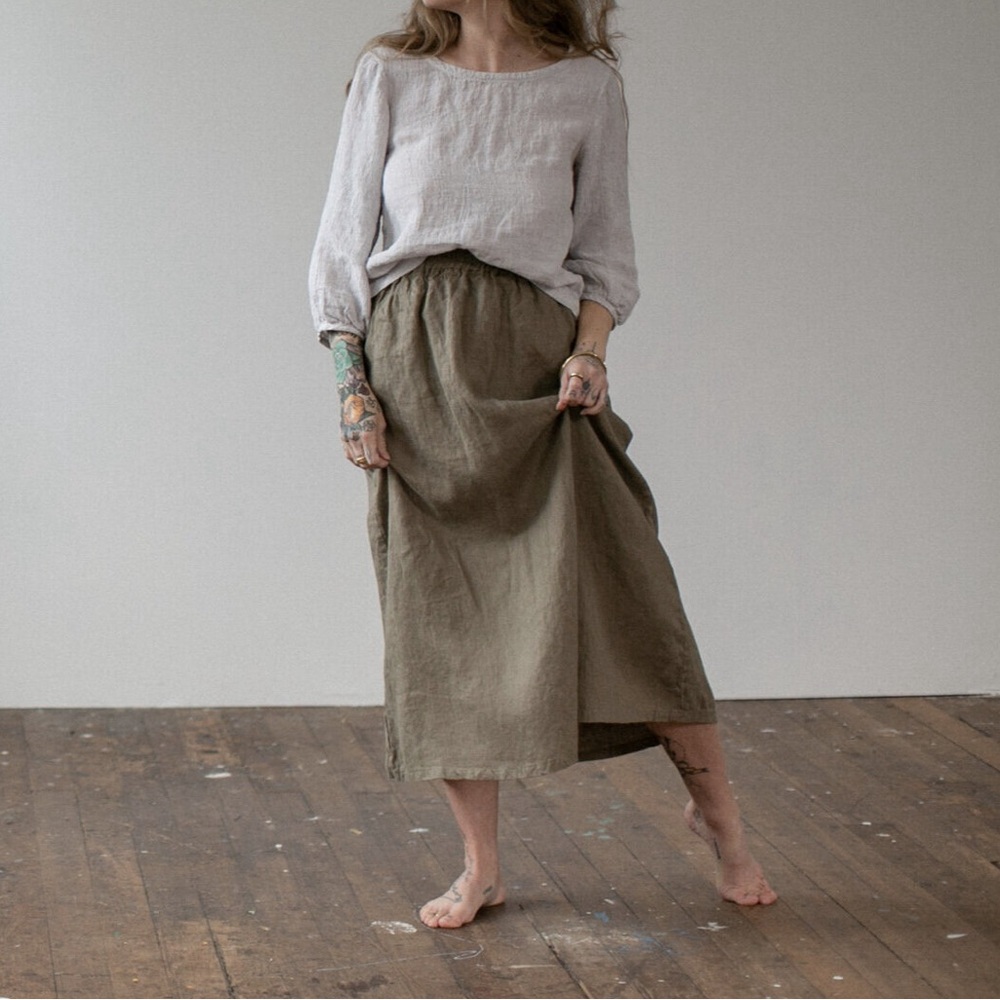 Moss Grey Megan Linen Long Skirt Oat Flax Small Medium